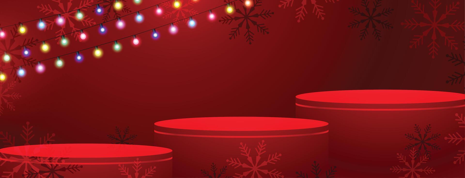 3d pódio plataforma em alegre Natal vermelho bandeira com luz corda vetor
