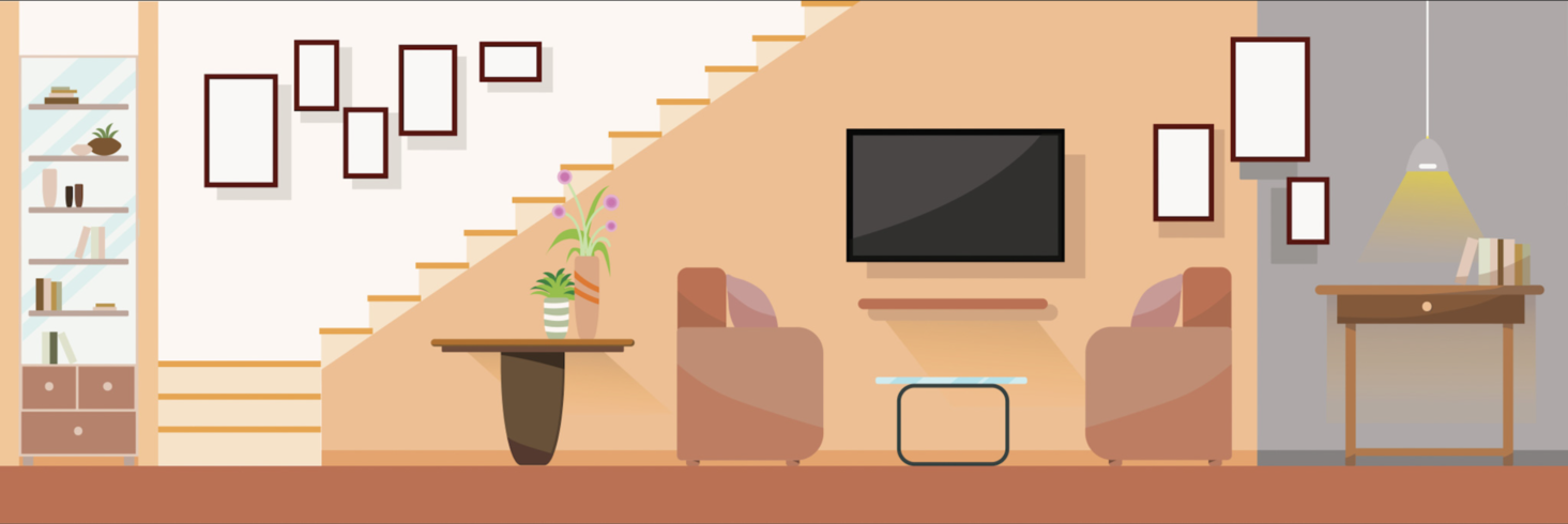 Interior Moderna sala de estar com mobília. Ilustração em vetor design plano