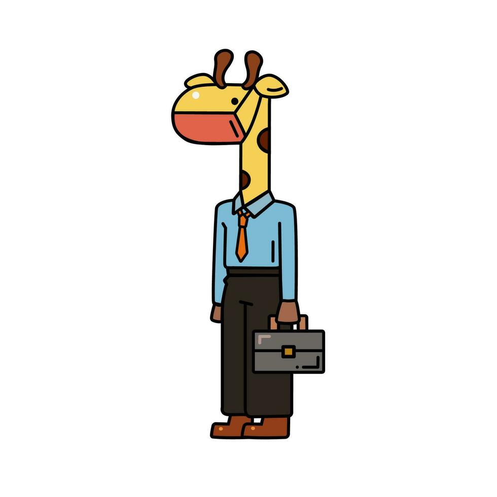uma fofa girafa vestindo sanitário mascarar evita coronavírus, gripe, poeira desenho animado personagem com Preto esboço plano vetor ilustração isolado em branco fundo.