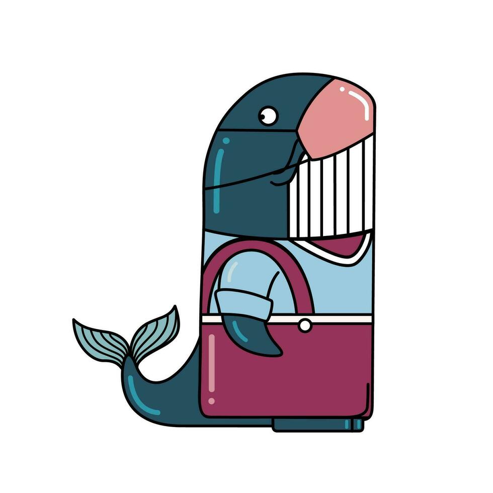 uma fofa baleia vestindo sanitário mascarar evita coronavírus, gripe, poeira PM 2,5 desenho animado personagem com Preto esboço plano vetor ilustração isolado em branco fundo.