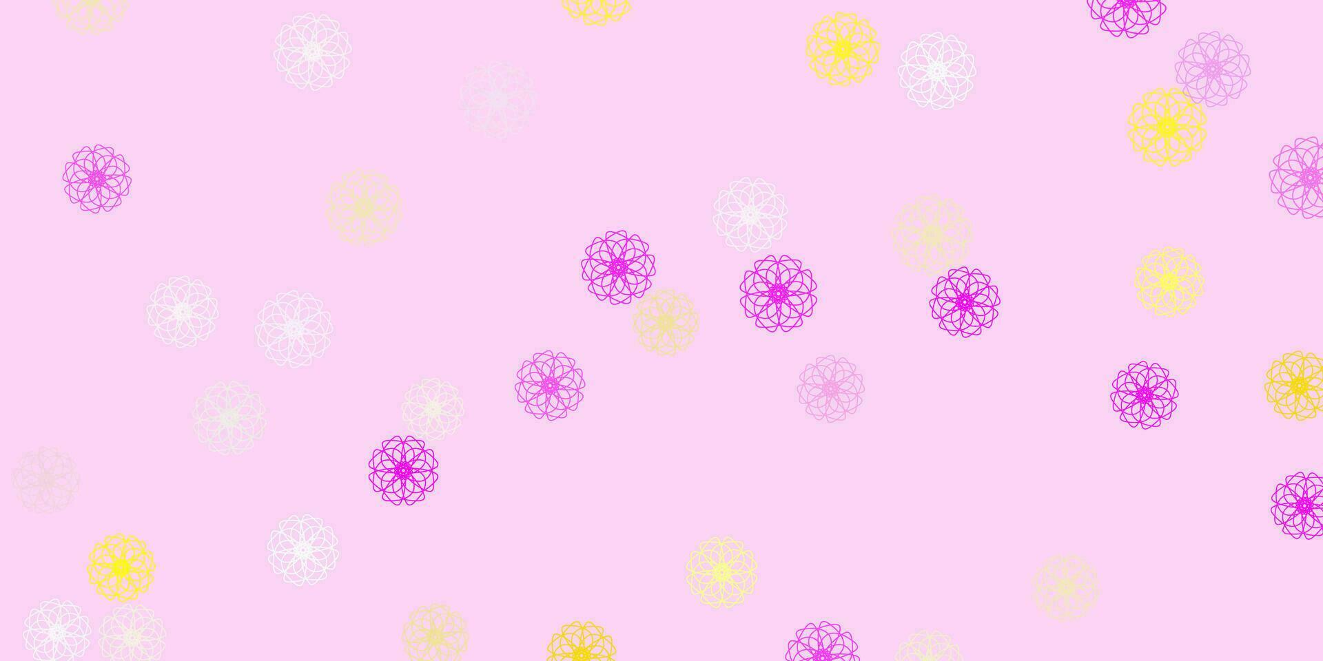 modelo de doodle de vetor rosa e amarelo claro com flores.