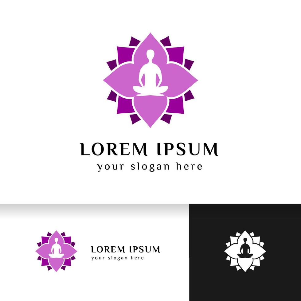 estoque de design de logotipo de ioga. meditação humana em ilustração vetorial de flor de lótus na cor roxa vetor