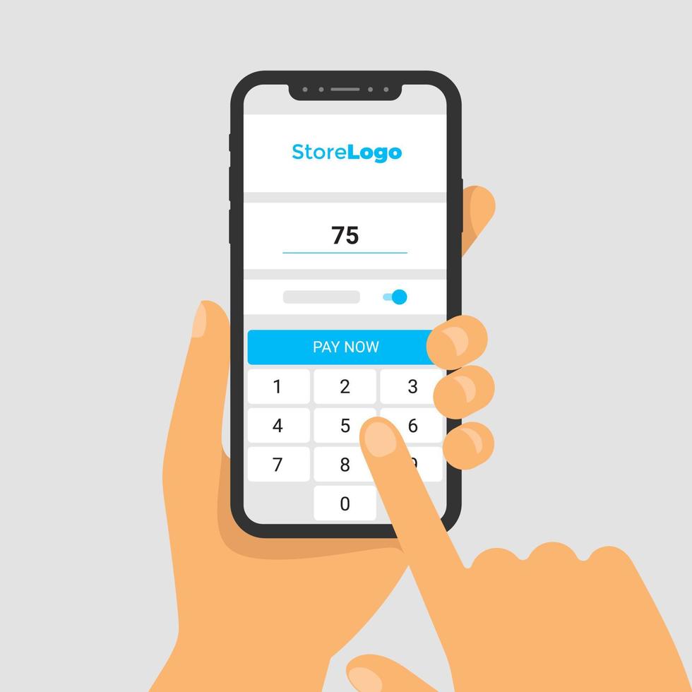ilustração em vetor de telefone na mão. o aplicativo para pagamento de compras na tela do smartphone. insira a quantidade no teclado da tela. tela de toque do dedo. infográficos planos do vetor.