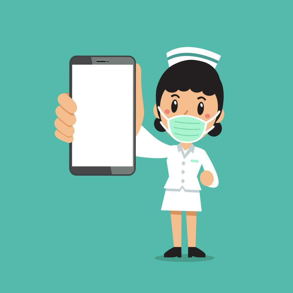 desenho animado fêmea enfermeira vestindo protetora mascarar com Smartphone vetor