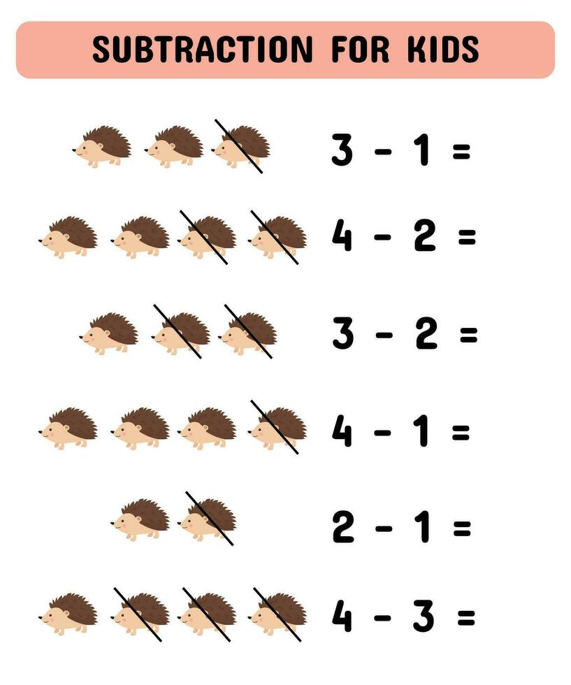 subtração jogos com fofa ouriços. educacional matemática jogos para pré-escolares jardim de infância.correspondência jogo. vetor