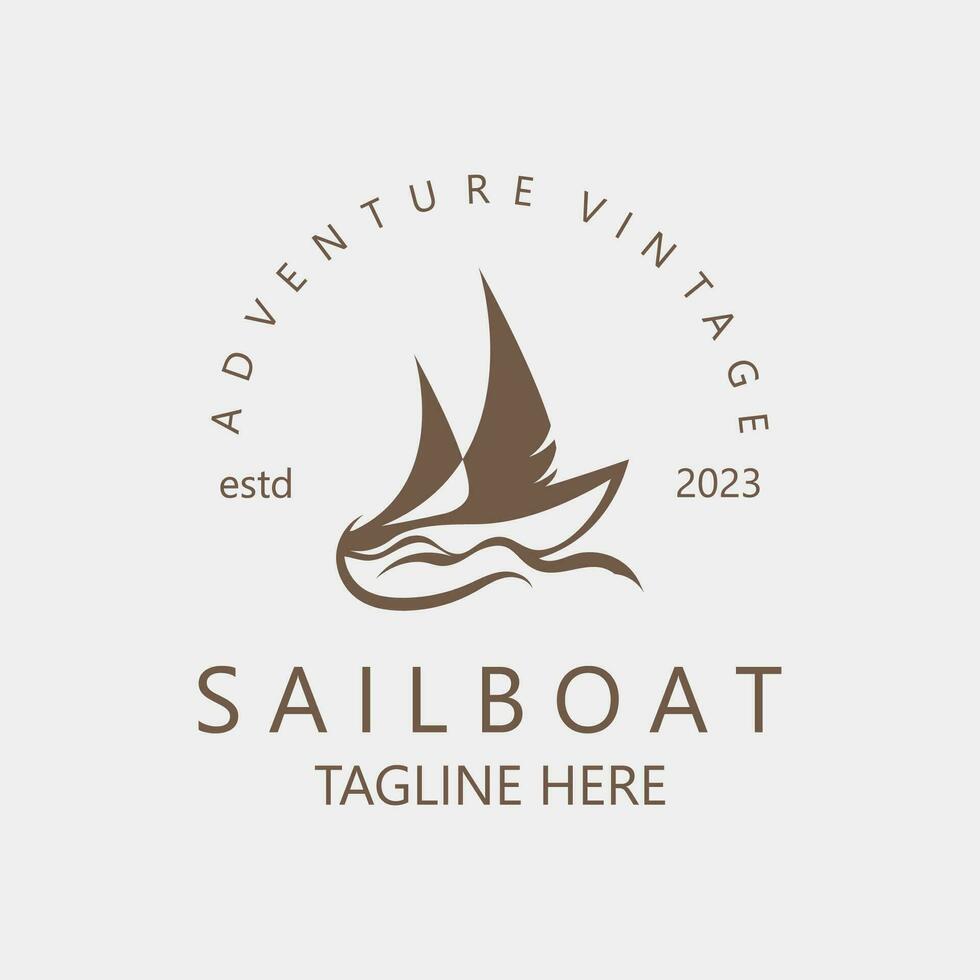 barco a vela vintage logotipo minimalista com aceno, viagem iate ou Navegando barco vetor Projeto