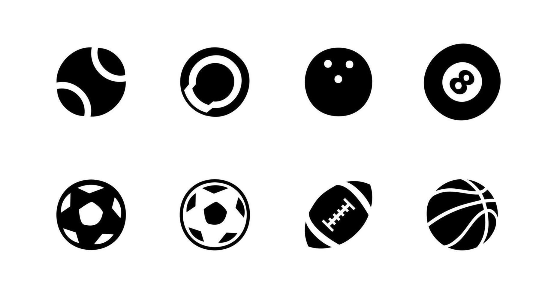 Esportes bolas mínimo plano vetor ícone definir. futebol, futebol, tênis, basquetebol, rúgbi, piscina, beisebol, ping pong.