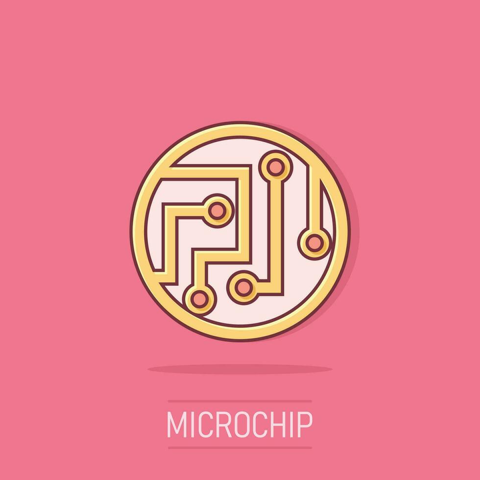 ícone da placa de circuito em estilo cômico. pictograma de ilustração de desenho vetorial de microchip de tecnologia. efeito de respingo do conceito de negócios da placa-mãe do processador. vetor