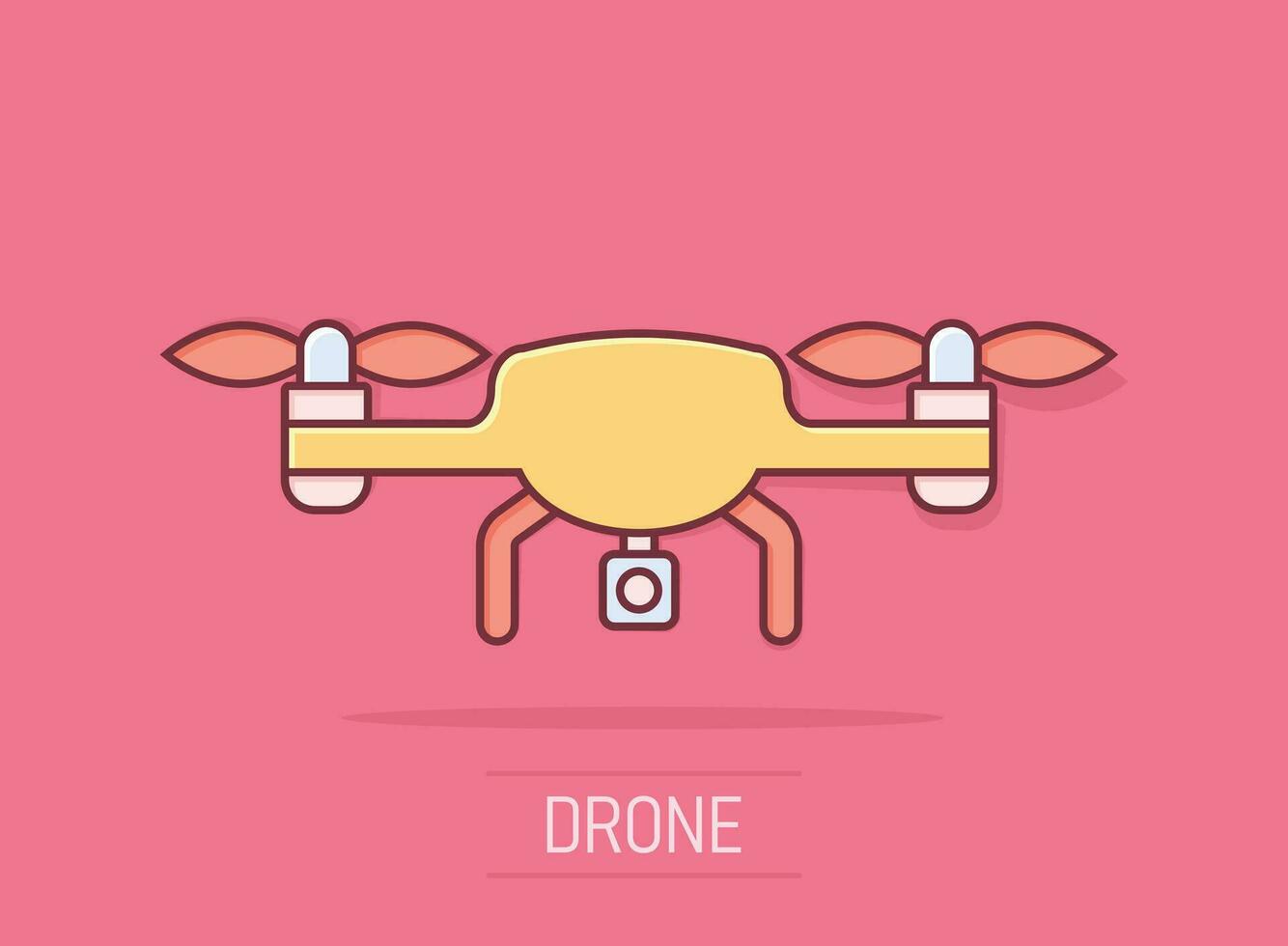 ícone do drone quadrocopter em estilo cômico. quadcopter câmera vector cartoon ilustração sobre fundo branco isolado. efeito de respingo de conceito de negócio de voo de helicóptero.
