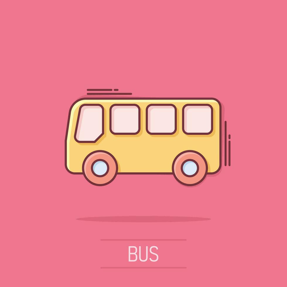 ícone de ônibus escolar em estilo cômico. autobus vector cartoon ilustração sobre fundo branco isolado. efeito de respingo de conceito de negócio de transporte de ônibus.