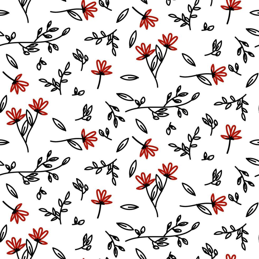 floral desatado vetor padronizar apresentando florescendo flores, sem fim textura, rabisco recorrente fundo Preto e branco vermelho. vetor ilustração para Casamento convite, papel de parede, embalagem, têxteis
