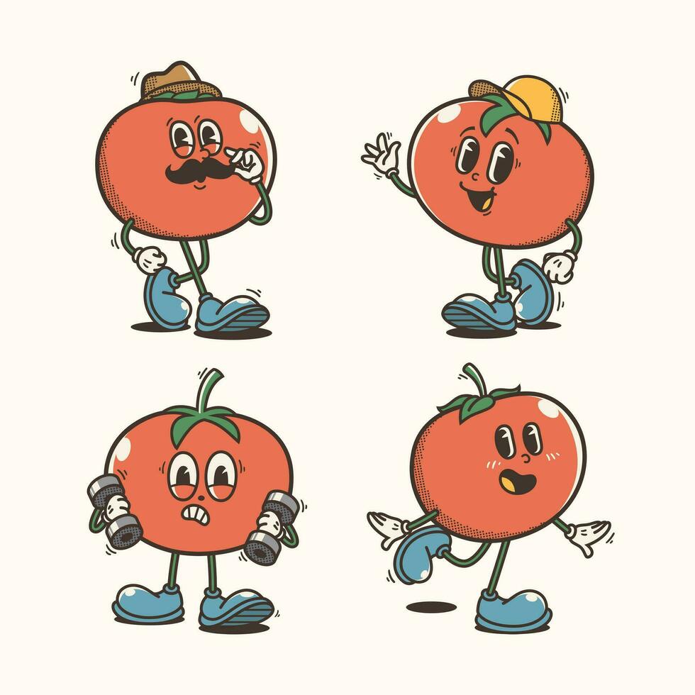 conjunto do tradicional tomate desenho animado ilustração com variado poses e expressões vetor