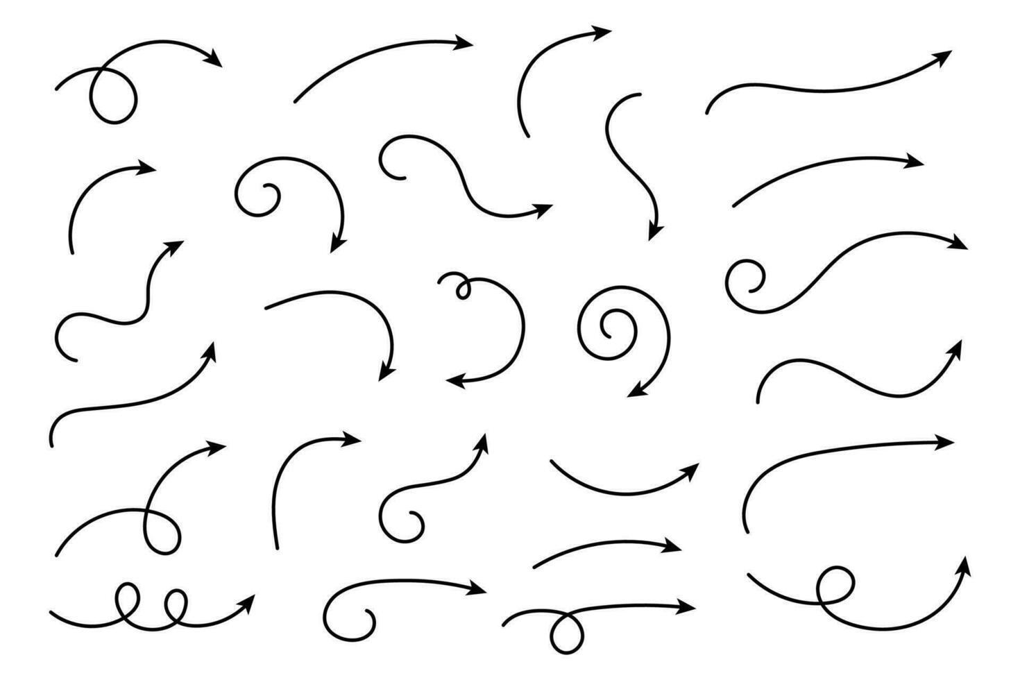 conjunto de vetor setas curvas desenhadas à mão. esboço estilo do doodle. coleção de ponteiros.
