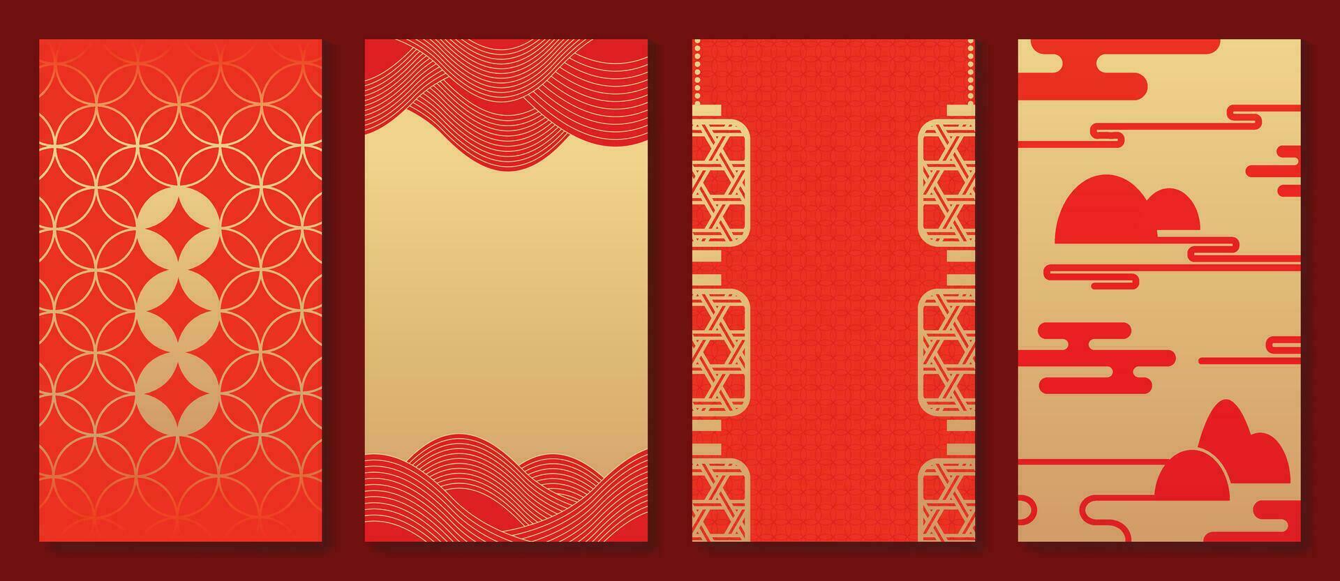 chinês Novo ano 2024 cartão fundo vetor. ano do a Dragão Projeto com dourado lanterna, moeda, nuvem, padronizar. elegante oriental ilustração para cobrir, bandeira, local na rede Internet, calendário, envelope. vetor