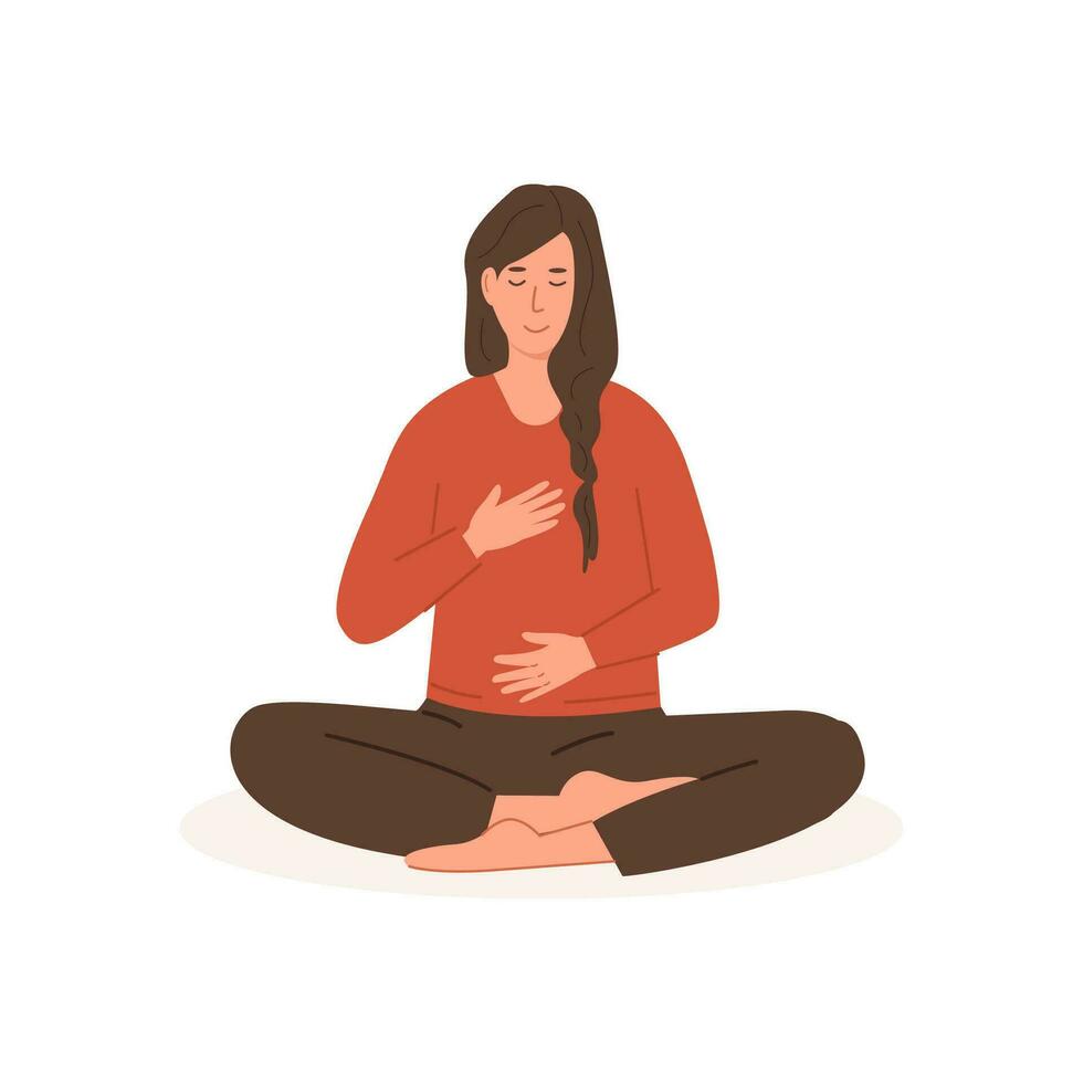 ioga posturas. jovem fêmea fazendo abdominal exercício. mulher exalando e inalando. profundo barriga respiração prática. meditação, diafragma respirando, pranayama ioga. vetor plano estilo ilustração