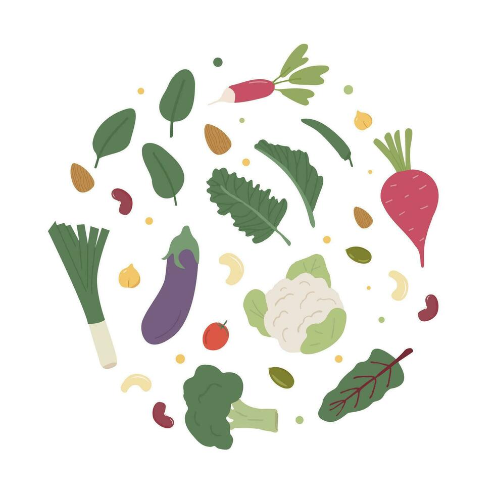 conjunto do orgânico legumes e frutas dentro volta círculo. coleção do fresco local Fazenda legumes e bagas. saudável vegetariano Comida poster. plano vetor ilustração do outono e tropical verão colheita