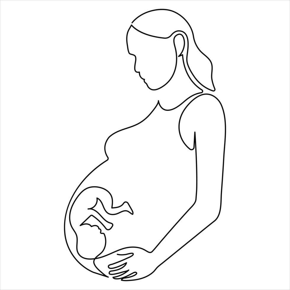 mulher dia grávida mulher feliz mãe segurando dela grávida barriga contínuo 1 linha desenhando esboço vetor