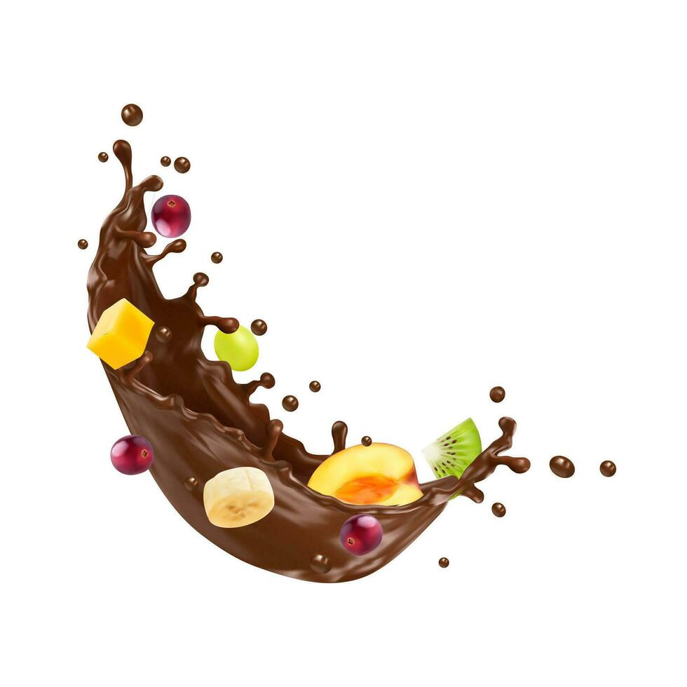 realista chocolate respingo com tropical frutas vetor