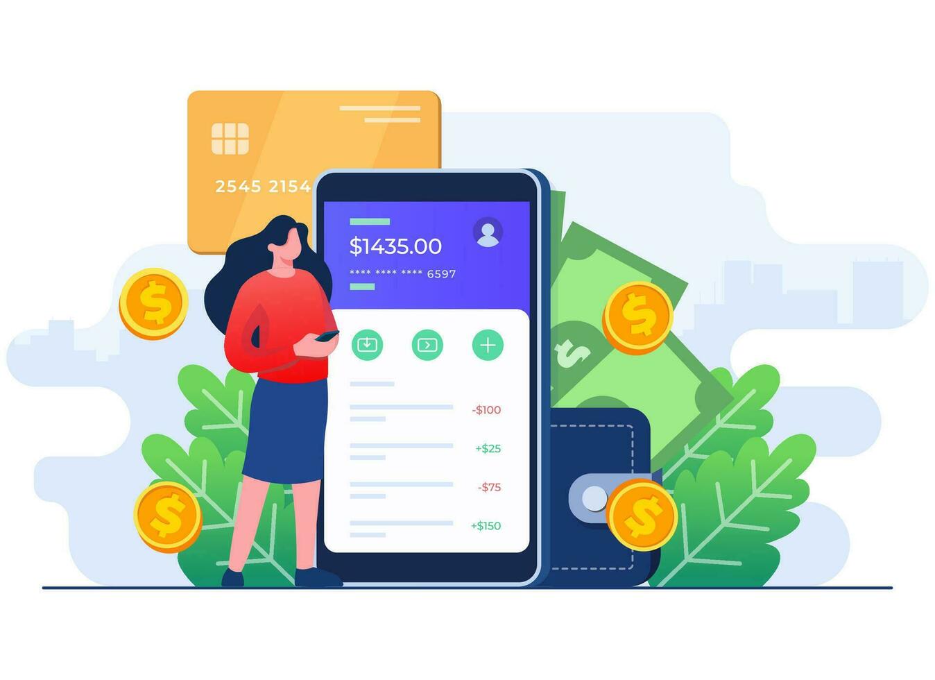 conectados Móvel bancário e Móvel Forma de pagamento plano ilustração conceito, fêmea personagem usar Smartphone para registro para dentro banco conta, digital carteira, Internet dinheiro, poupança e finança vetor