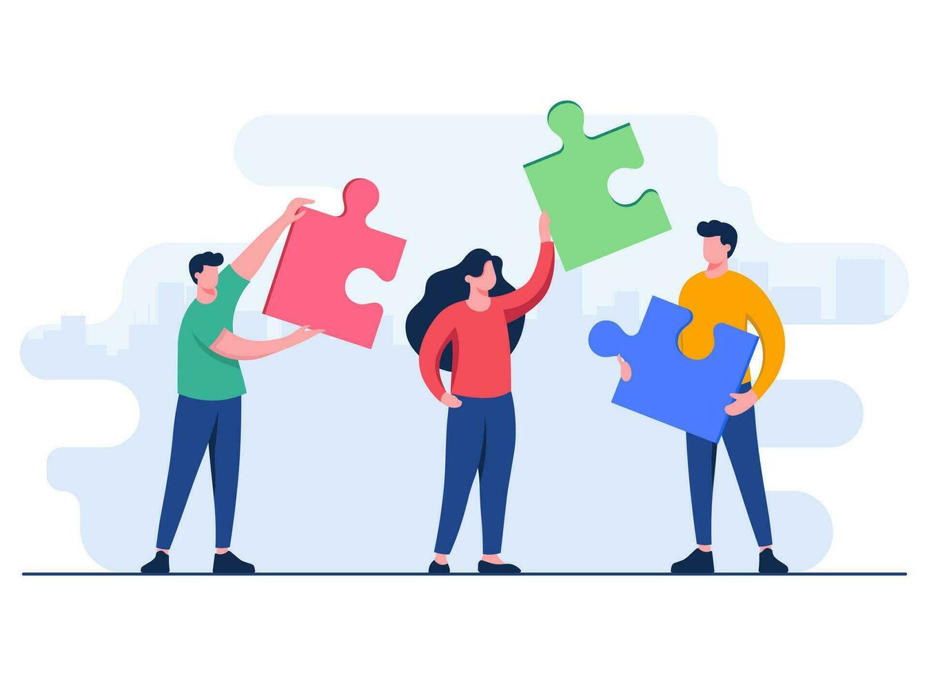 pessoas de negócio conectar quebra-cabeças enigma peças plano ilustração vetor modelo, trabalho em equipe, parceria, cooperação, conquista, solução, Solução de problemas, Novo idéia