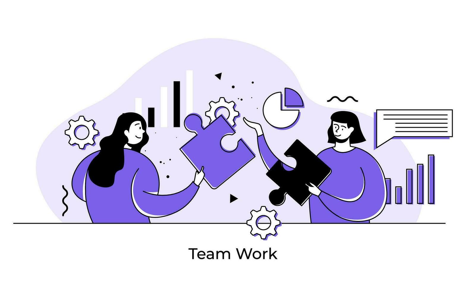 dois mulheres segurando quebra-cabeças enigma peças, trabalho em equipe conceito plano vetor ilustração, cooperação, Apoio, suporte e ajudando colegas, parceria, o negócio pessoas alcançar o negócio alvos