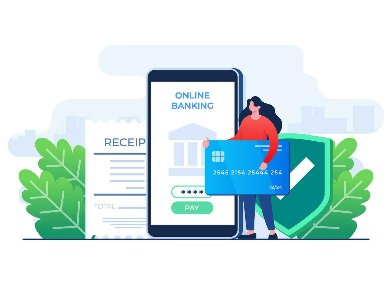 seguro Móvel bancário Forma de pagamento conceito plano ilustração vetor modelo, fêmea personagem usa uma Smartphone para registro para dentro a banco conta, digital bancário, Internet dinheiro, conectados transação