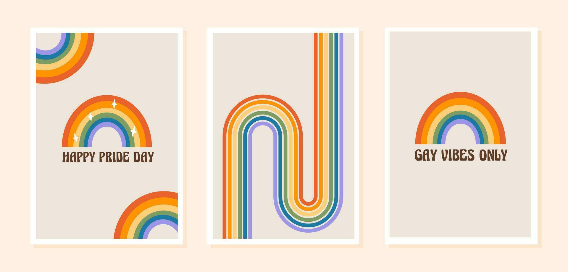 orgulho mês cartazes com arco Iris e gay vibrações frase dentro retro groovy anos 60 Anos 70 estilo. conjunto do queer vertical cumprimento cartões com meio século arco-íris. cumprimento cartões com positivo arco Iris cores. vetor. vetor