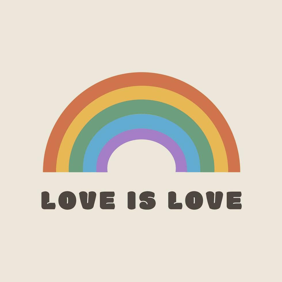 lgbt orgulho mês. gay arco Iris dentro pastel cores com rubrica amor é amar. vetor cartão ou poster durante orgulho parada celebração. na moda símbolo para lgtbq festival. plano vetor ilustração.