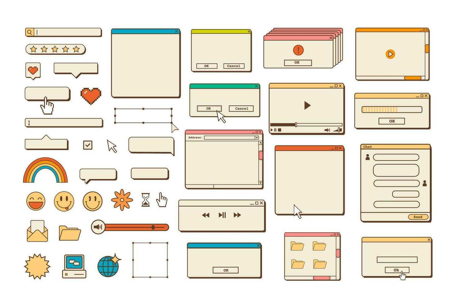 grande conjunto do retro onda de vapor Área de Trabalho navegador e diálogo janela modelos. anos 80 anos 90 velho computador do utilizador interface elementos e vintage estético ícones. nostálgico retro operativo sistema. vetor ilustração.