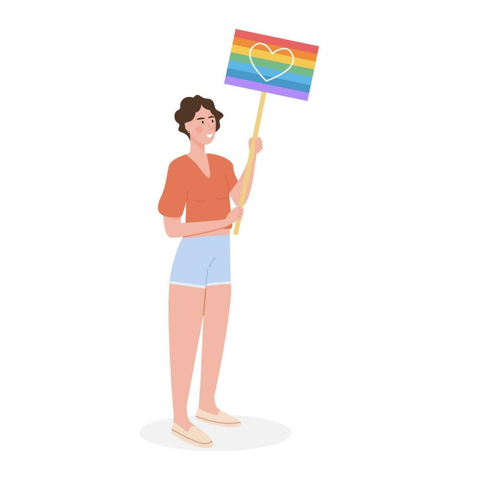 uma lésbica dentro moderno vestir com Rosa cabelo às orgulho parada segurando cartaz com palavra amor dentro arco Iris cores. menina às demonstração para igual direitos. lgtb ativista. vetor plano desenho animado personagem em branco