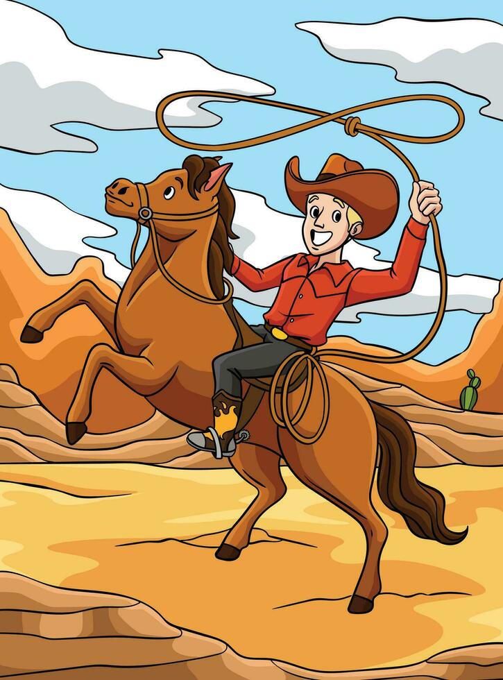 vaqueiro jogando uma laço em uma cavalo colori desenho animado vetor