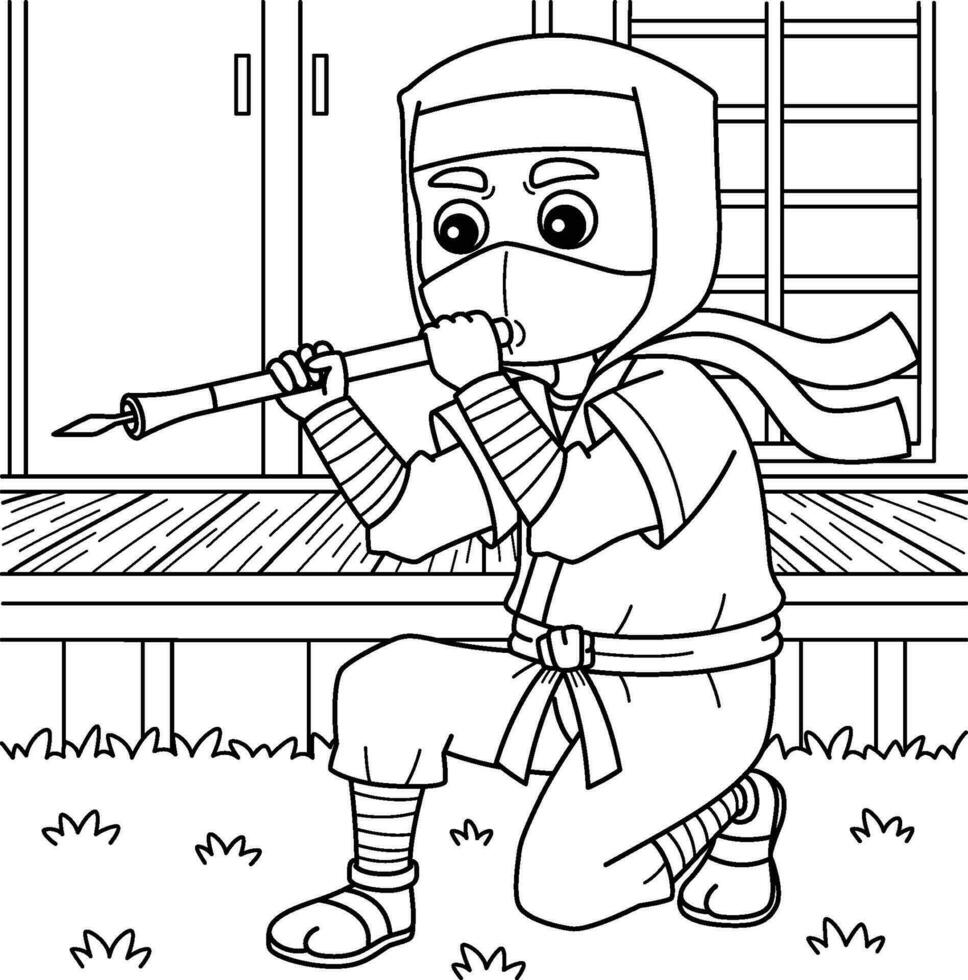 ninja com golpe arma de fogo coloração página para crianças vetor