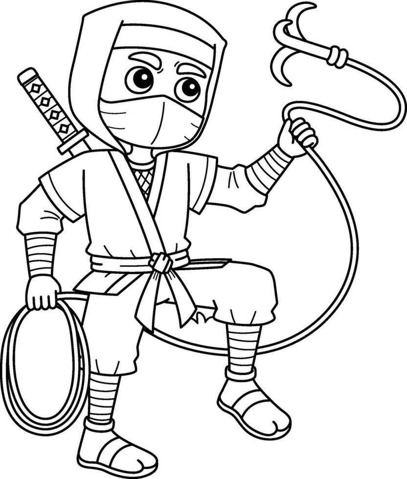 ninja com lutando gancho isolado coloração página vetor