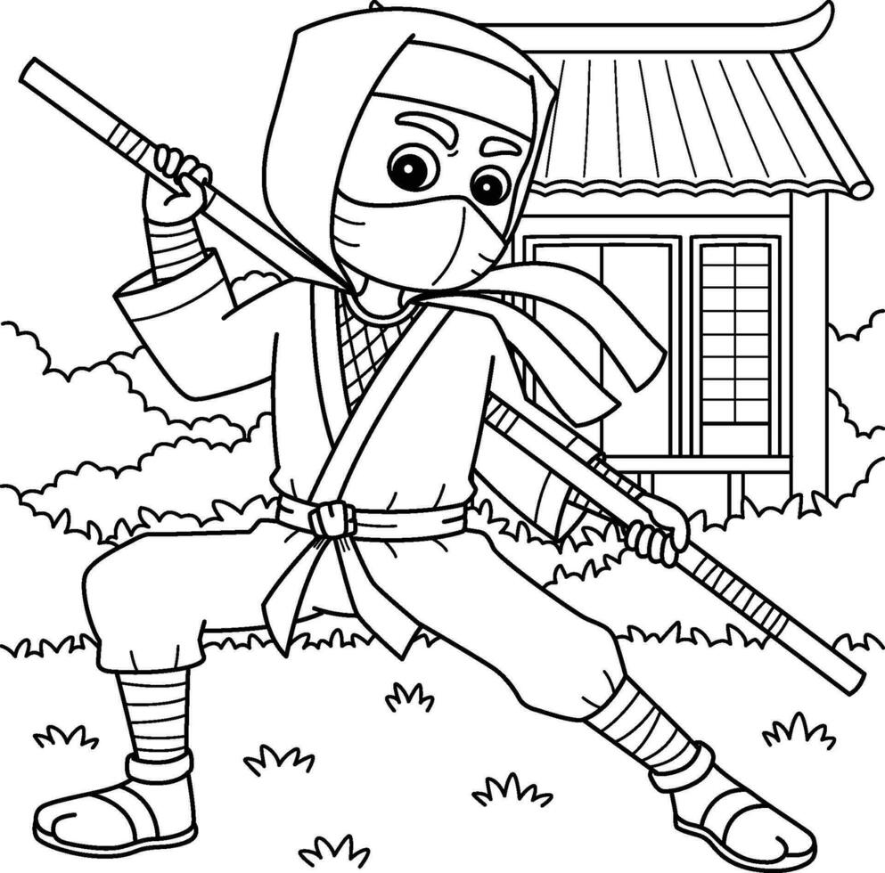 ninja segurando uma funcionários coloração página para crianças vetor