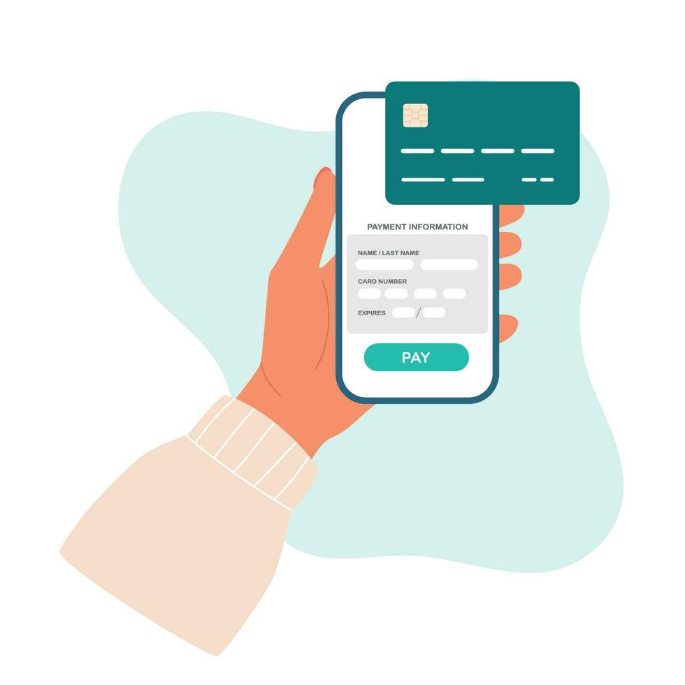 conectados compras através da crédito ou débito cartão. fêmea mão detém Smartphone com cartão em formação pagamento. vetor