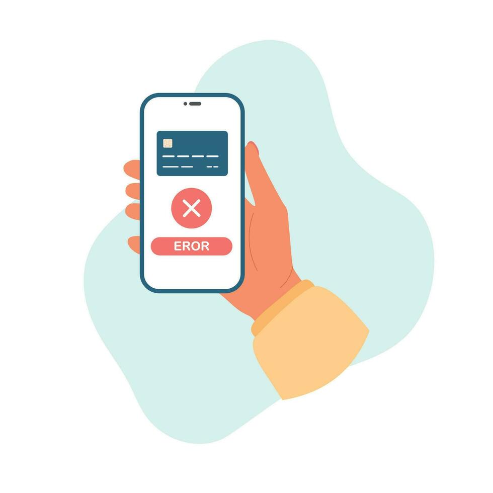 sem contato conectados Forma de pagamento com erro em tela. mão detém uma Smartphone com sem fio pagamento. vetor