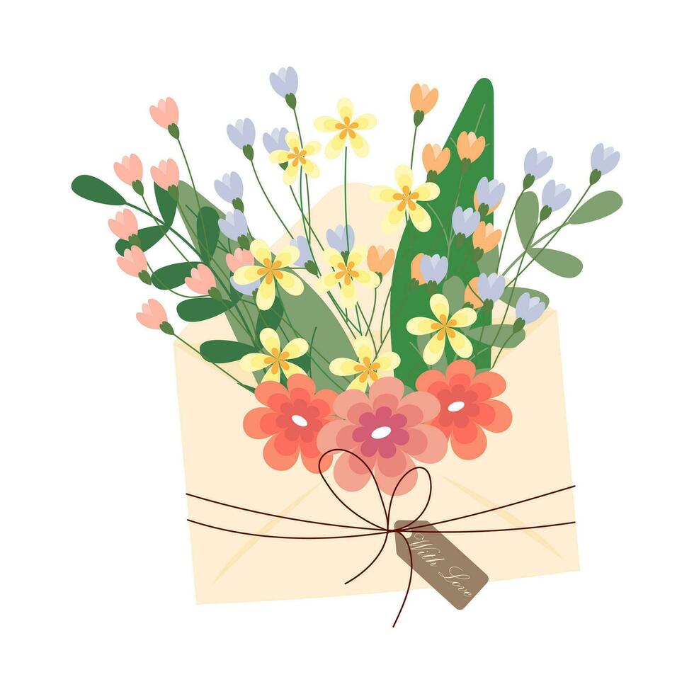 romântico envelope com flores, presente. Primavera ilustração, mãe dia cumprimento cartão, vetor