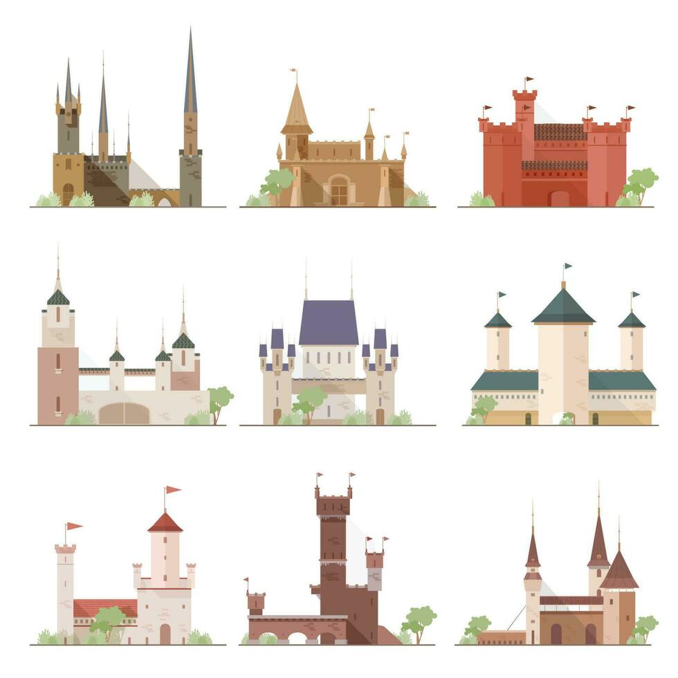 castelos e fortalezas definir. plano desenho animado estilo vetor ilustrações coleção.