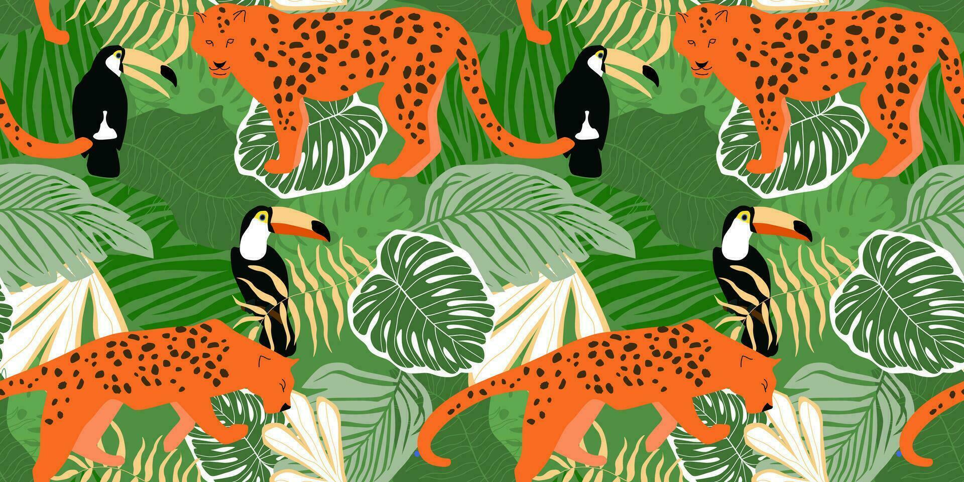 desatado padronizar com abstrato tropical selva. animais leopardos, tucanos contra a fundo do Palma folhas, monstera. vetor gráficos.