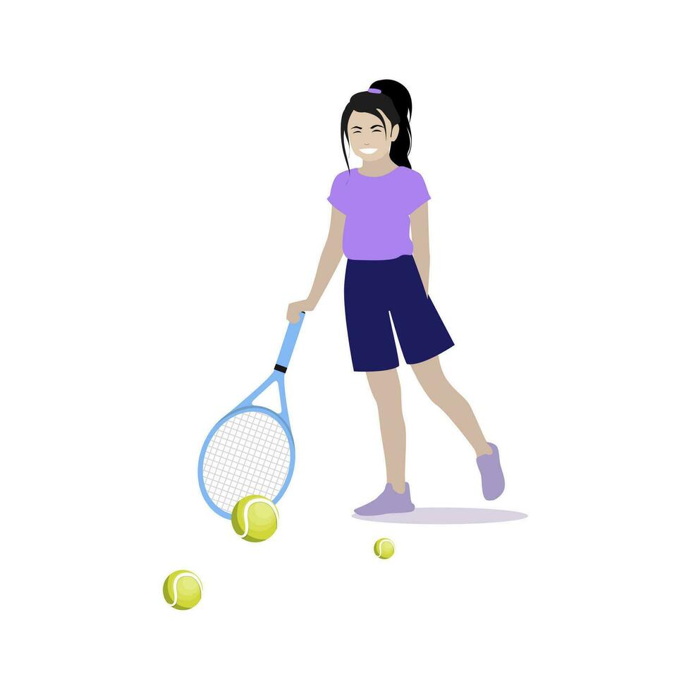 menina jogar tênis isolado em branco. menina jogando com raquete e bola tênis, ilustração atleta isolado atividade ilustração vetor