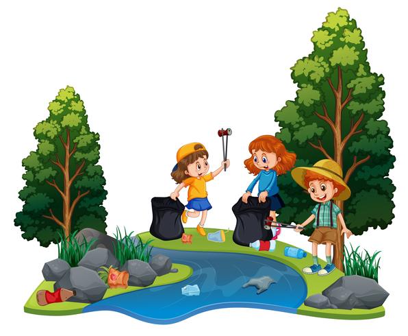 Crianças voluntariado limpando rio vetor