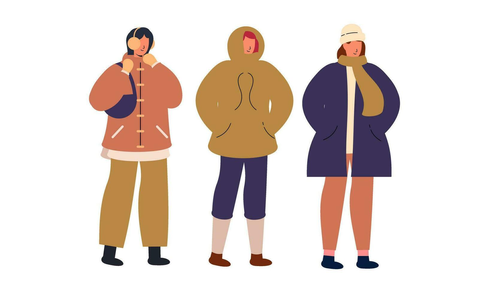 à moda pessoas vestindo caloroso inverno roupas. homens, mulheres dentro roupas para frio clima vetor ilustração
