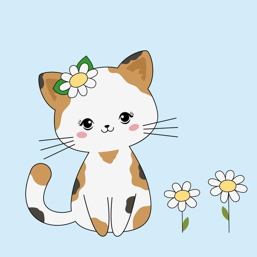 fofa gato Primavera com flor. kawaii animais gatinho isolado em azul fundo vetor