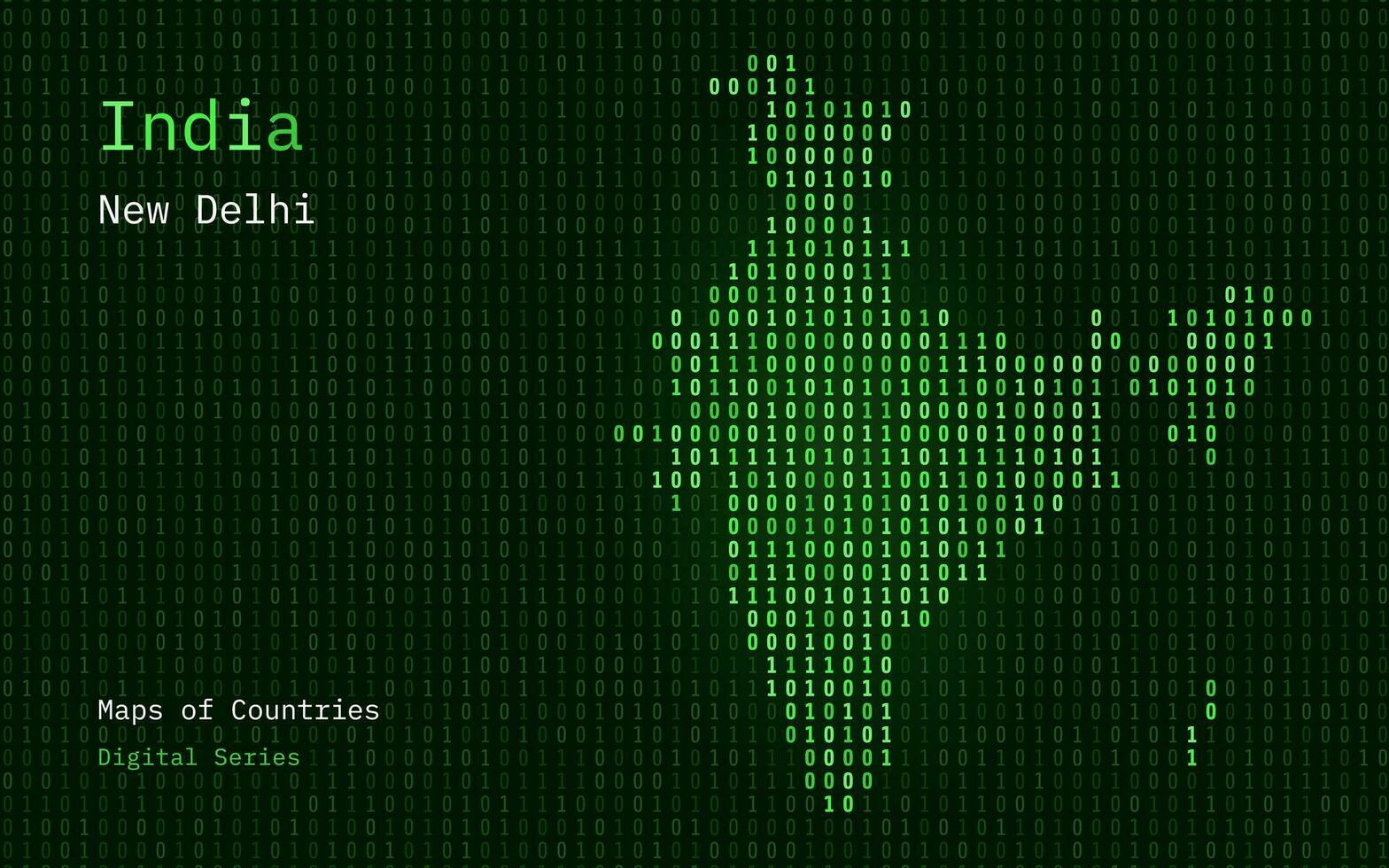 Índia mapa mostrando dentro binário código padronizar. tsmc. verde matriz números, zero, um. mundo países vetor mapas. digital Series