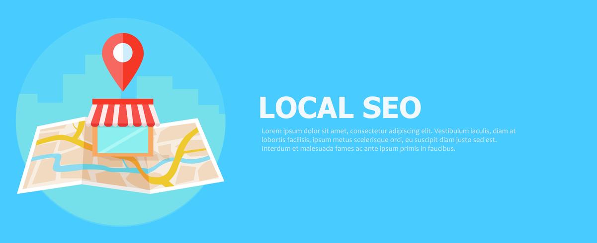 Seo bandeira local, mapa e loja na vista realista. ilustração plana vetor