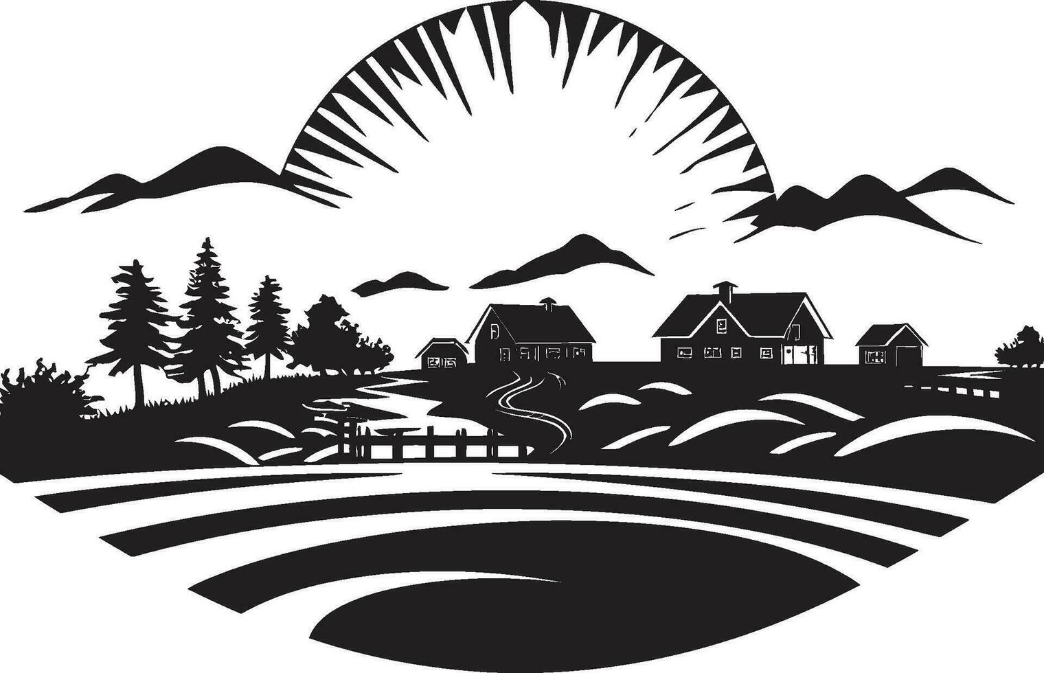 colheita horizonte agrícola Preto logotipo Campos oásis vetor casa de fazenda emblema