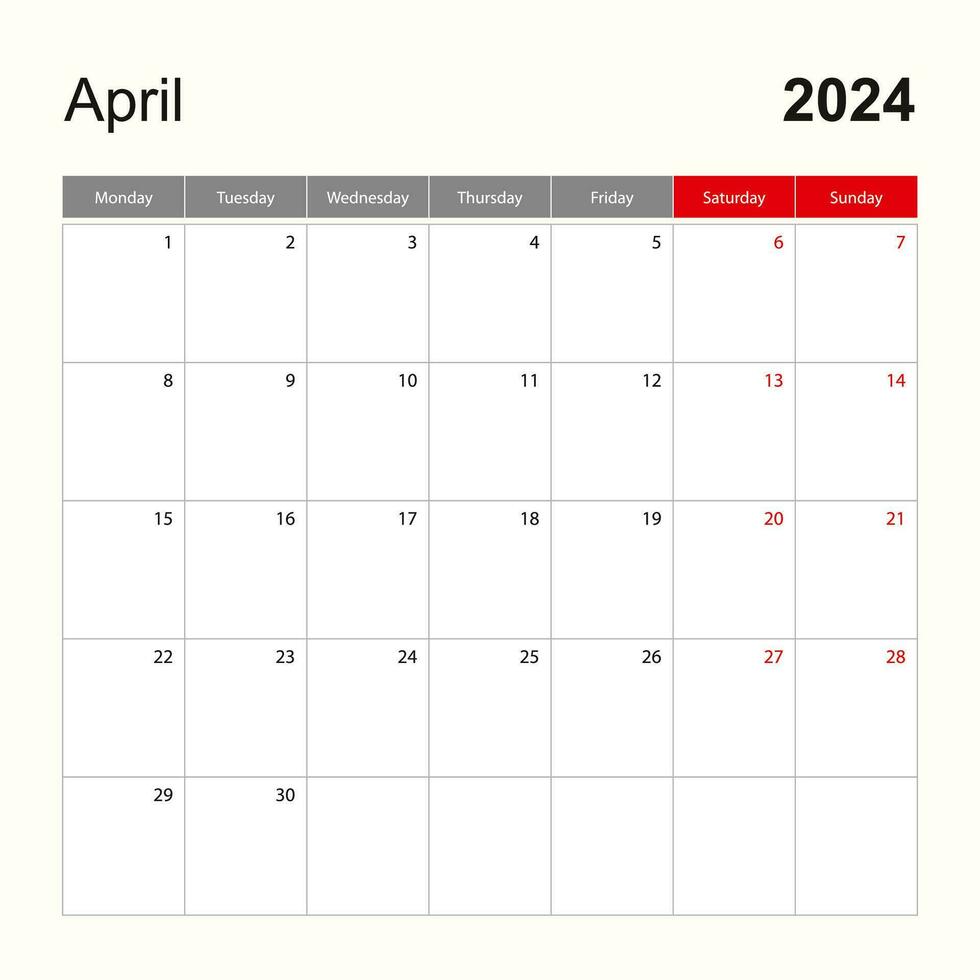 parede calendário modelo para abril 2024. feriado e evento planejador, semana começa em segunda-feira. vetor