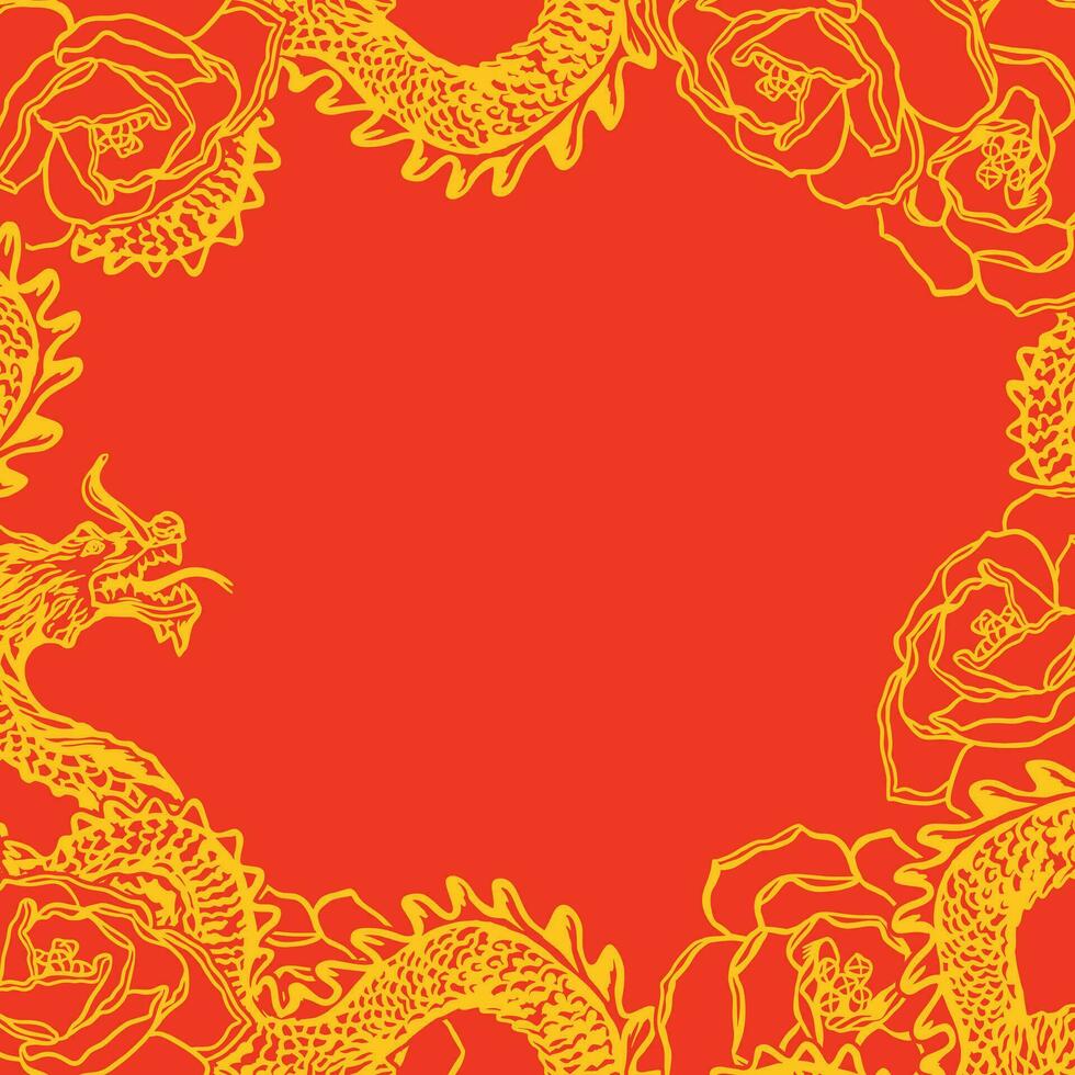chinês quadro, Armação com Dragão e flores em uma vermelho fundo, vetor. chinês Novo ano. Projeto elemento para tradicional cumprimento cartões, convites, ampla bandeiras, cartazes, presente invólucro. vetor