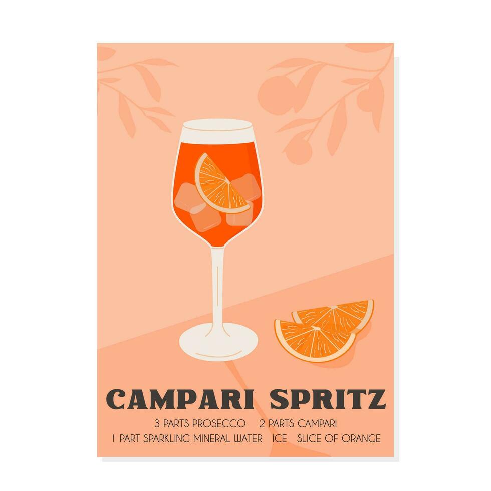 campari spritz coquetel dentro vidro com gelo e fatia do laranja. verão italiano aperitivo retro poster. parede arte com alcoólico bebida decorado com laranja cunhas e citrino árvore em fundo. vetor