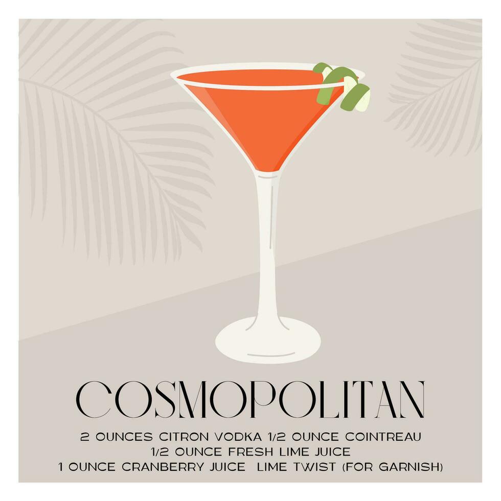 Cosmopolita coquetel dentro martini vidro enfeitado com Lima roda. verão aperitivo receita retro minimalista imprimir. alcoólico bebida com tropical Palma sombra em fundo. vetor plano ilustração.